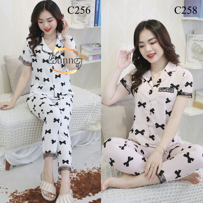 Bộ nữ mặc nhà kiểu dáng pizama tay cộc quần dài quần áo chất liệu lụa mềm mát,