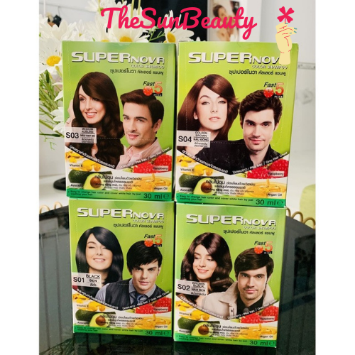 Hộp 12 gói dầu gội nhuộm phủ bạc super nova s01 màu đen,s02 màu nâu đen,s03 nâu hạt dẻ,s04 nâu đồng