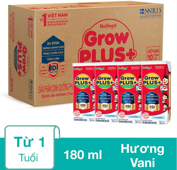 Thùng 48 hộp nutifood grow plus sdd ít đường 180ml đỏ.