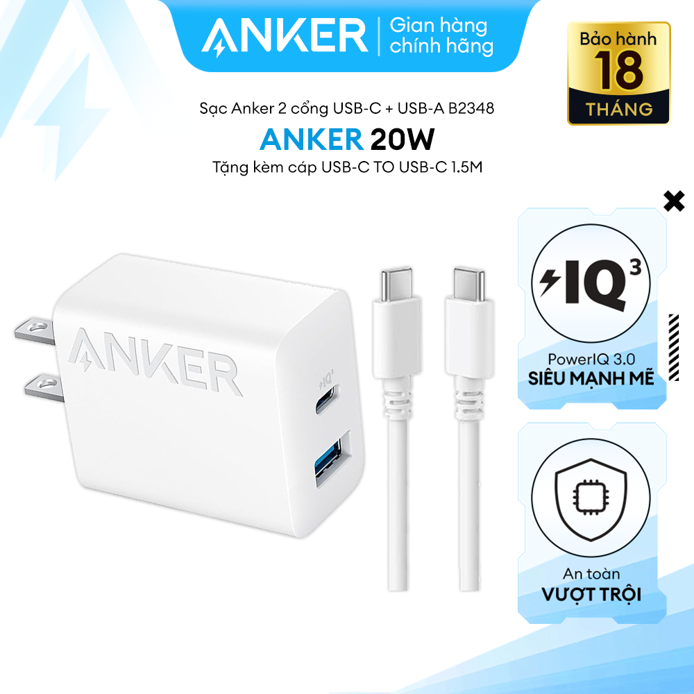 Sạc Anker Công Suất 20W 2 Cổng- 1 Cổng USB  1 Cổng USB-C Kèm Cáp USB-C to USB-C 1.5M- B2348