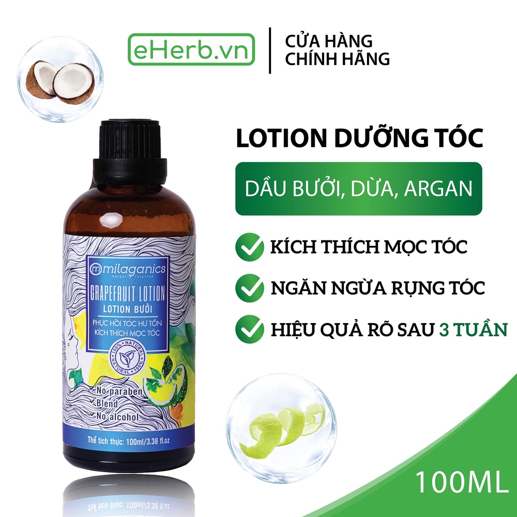 Combo 2 lotion nước dưỡng tóc tinh dầu bưởi milaganics giúp giảm gãy rụng & làm mềm tóc 100ml/ chai - eherb