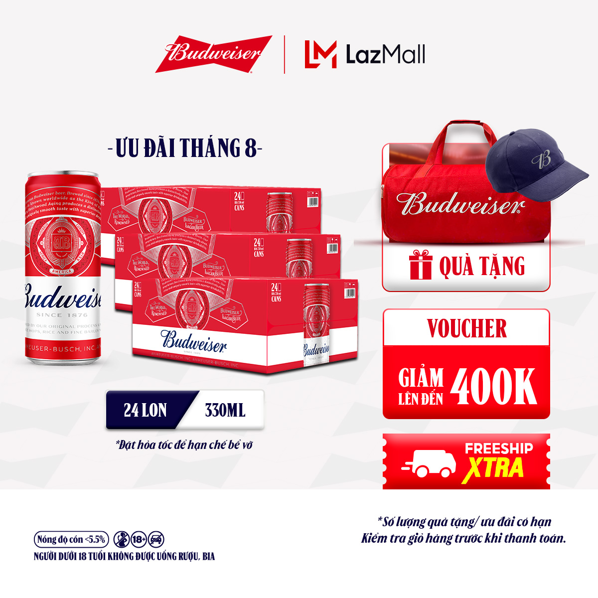 Combo 3 Thùng 24 Lon Bia Budweiser Sleek Can Chính Hãng (330ml/lon)