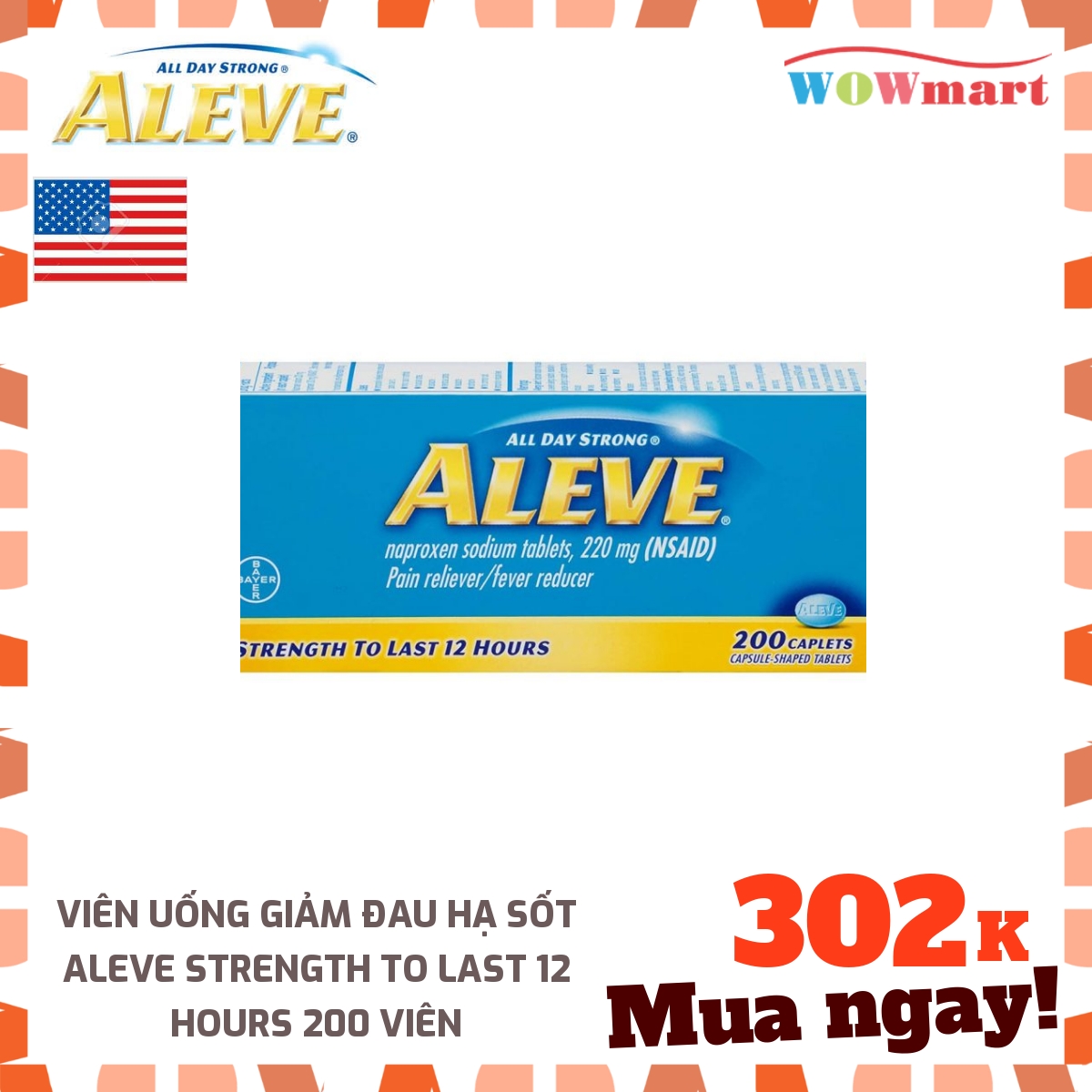 Viên uống giảm đau hạ sốt Aleve Strength To Last 12 Hours 200 viên - [MỸ]