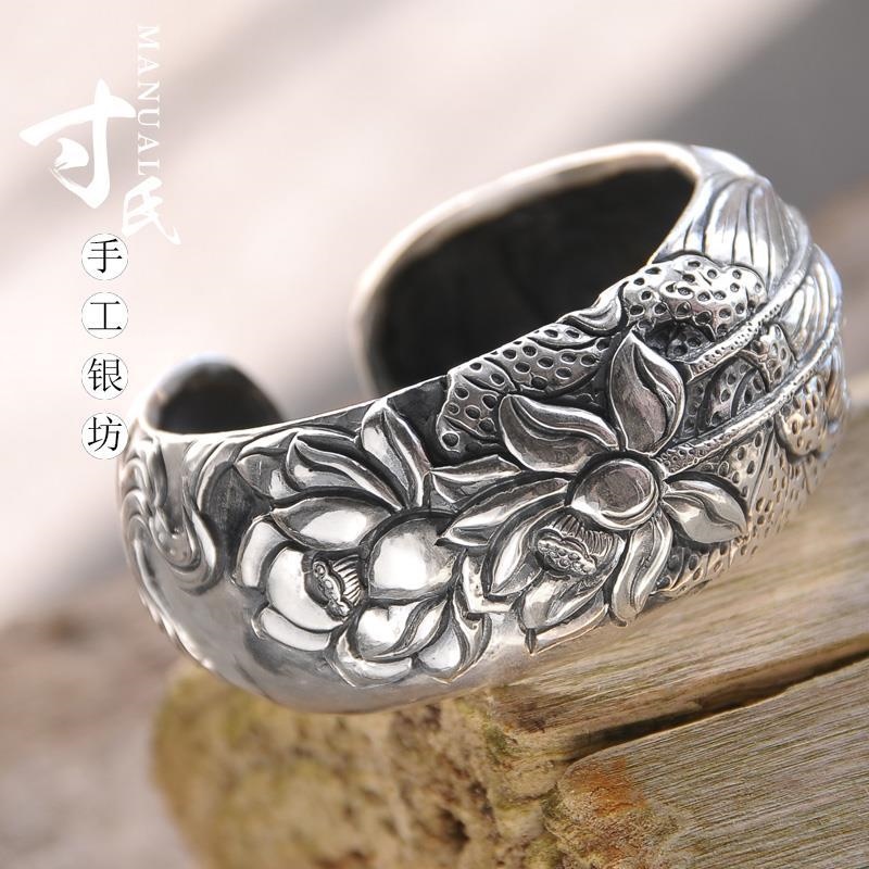 ✸✲❡ Original design custom handmade ornament 99 sterling fine embossed lotus cncondom bracelet female