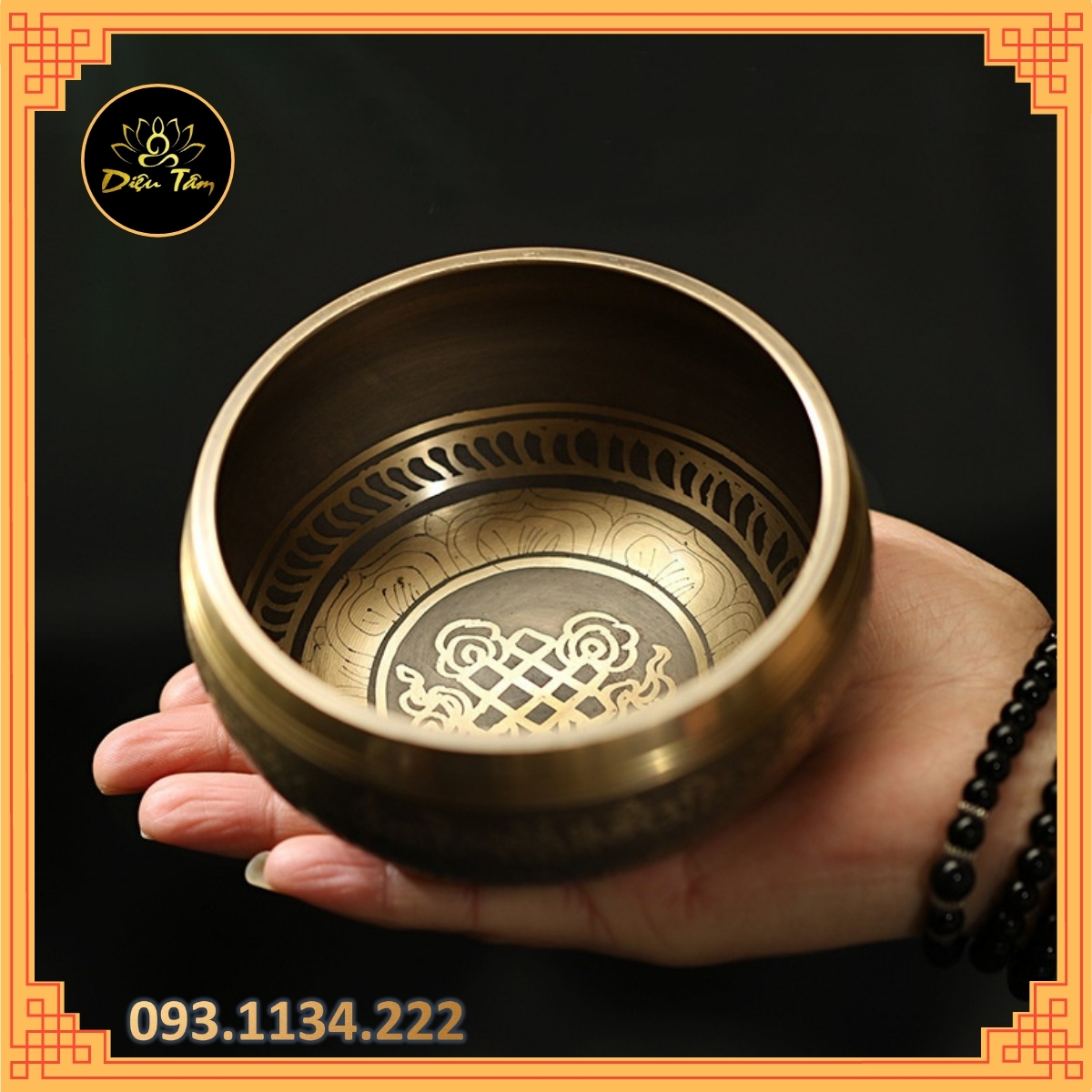 Bộ chuông xoay Nepal Tây Tạng đồng nhiều hoạ tiết chuông xoay vàng sáng 9.5cm đồ thờ cúng phong thủy shop Diệu Tâm
