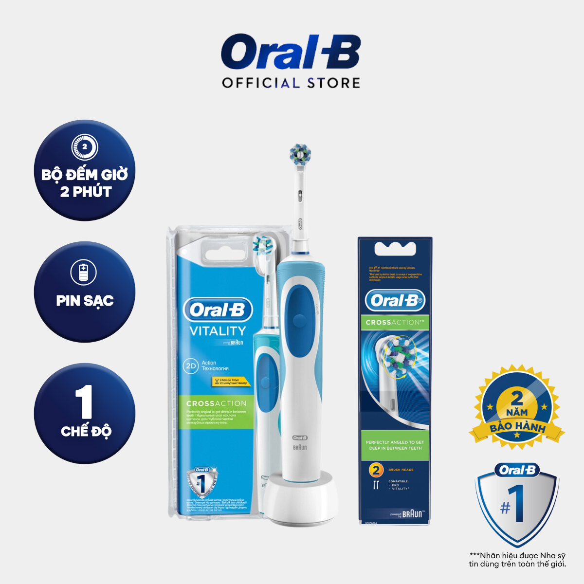 Bàn chải điện oral-b vitality crossaction d12.513 + vỉ đầu bàn chải oral-b - hàng chính hãng bảo hành 24 tháng 1 đổi 1