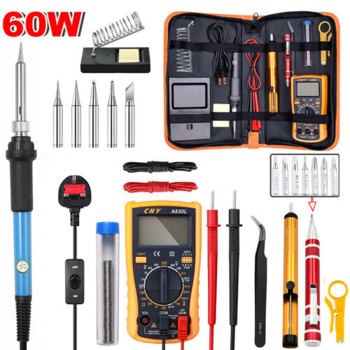 Bộ hàn mỏ hàn điện có thể điều chỉnh nhiệt độ 220V 110V 60W, dụng cụ hàn bút chì nóng Đồng hồ vạn năng kỹ thuật số, Mút hàn, Nhíp chống tĩnh điện, Mẹo sắt hàn, Đế sắt hàn, Máy cắt dây, Dây điện tử, Túi dụng cụ