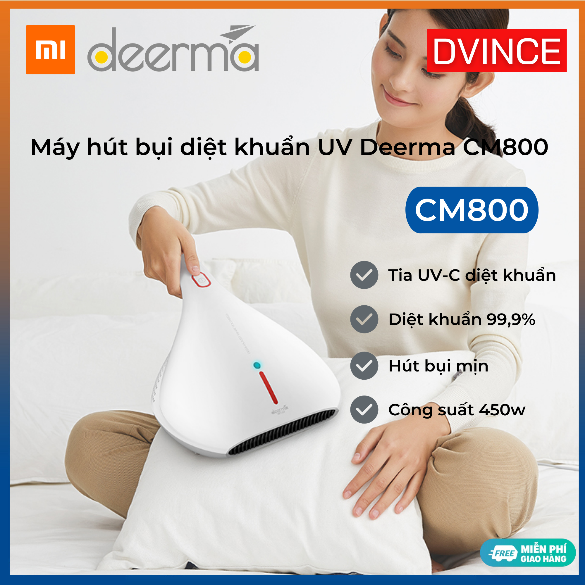 Máy Hút Bụi Cầm Tay Deerma CM800 Máy Hút Bụi Giường Nêm Chăn Đêm Hút Bụi Mịn Diệt Khuẩn Tia UV-C Bộ Lọc Hepa