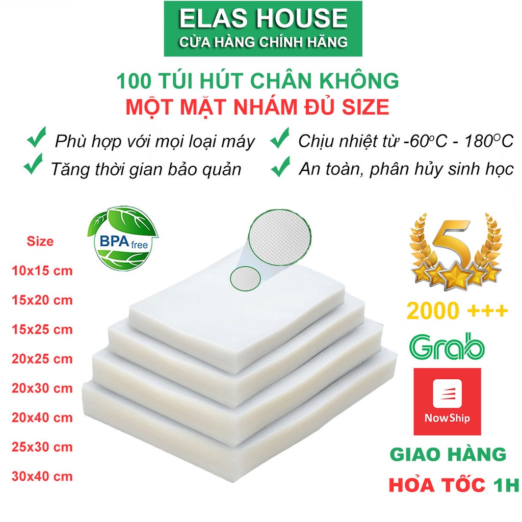 Túi hút chân không 1 mặt nhám, Bộ 100 túi hút chân không thực phẩm cao cấp một mặt nhám, đủ size