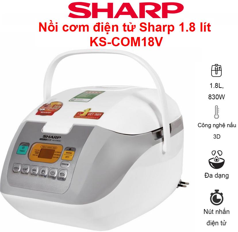 Nồi cơm điện tử sharp 1.8 lít ks-com18v, sản xuất: thái lan, nồi gọn nhẹ, nấu cơm ngon, bảo hành 12 tháng.