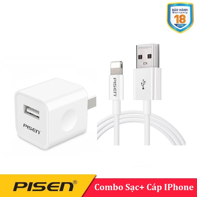 Bộ sạc và cáp Pisen cho điện thoại Iphone 5/6/7/8/X -100Cm ( Sạc 1A+Cáp IP)