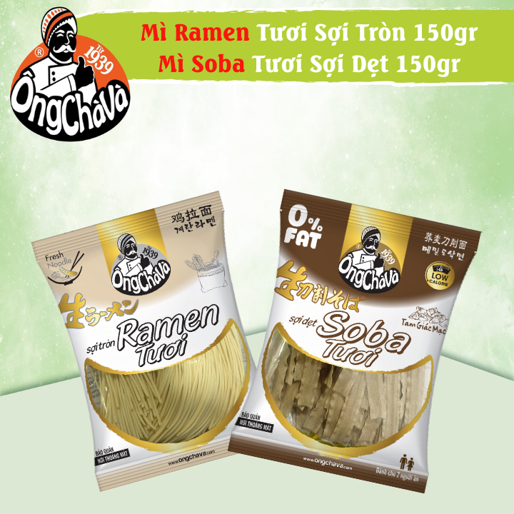 Combo 2 gói mì ramen tươi sợi tròn & mì soba tươi sợi dẹt ông chà và 150gr