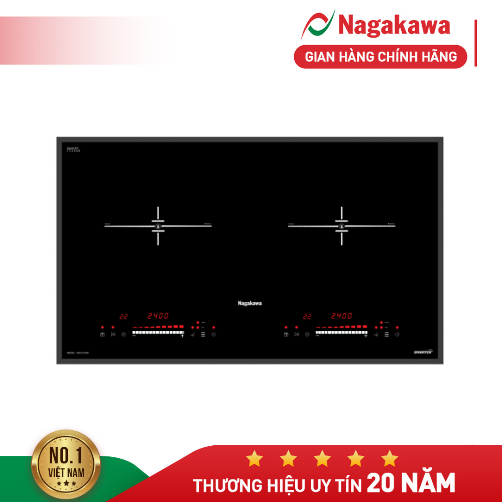 Bếp điện từ cao cấp Nagakawa NAG1215M, 2 vùng nấu, công suất cực đại 2400W, chế độ inverter tiết kiệm điện, mặt kính Schott Ceran, hệ điều hành kép bền bỉ, mạnh mẽ