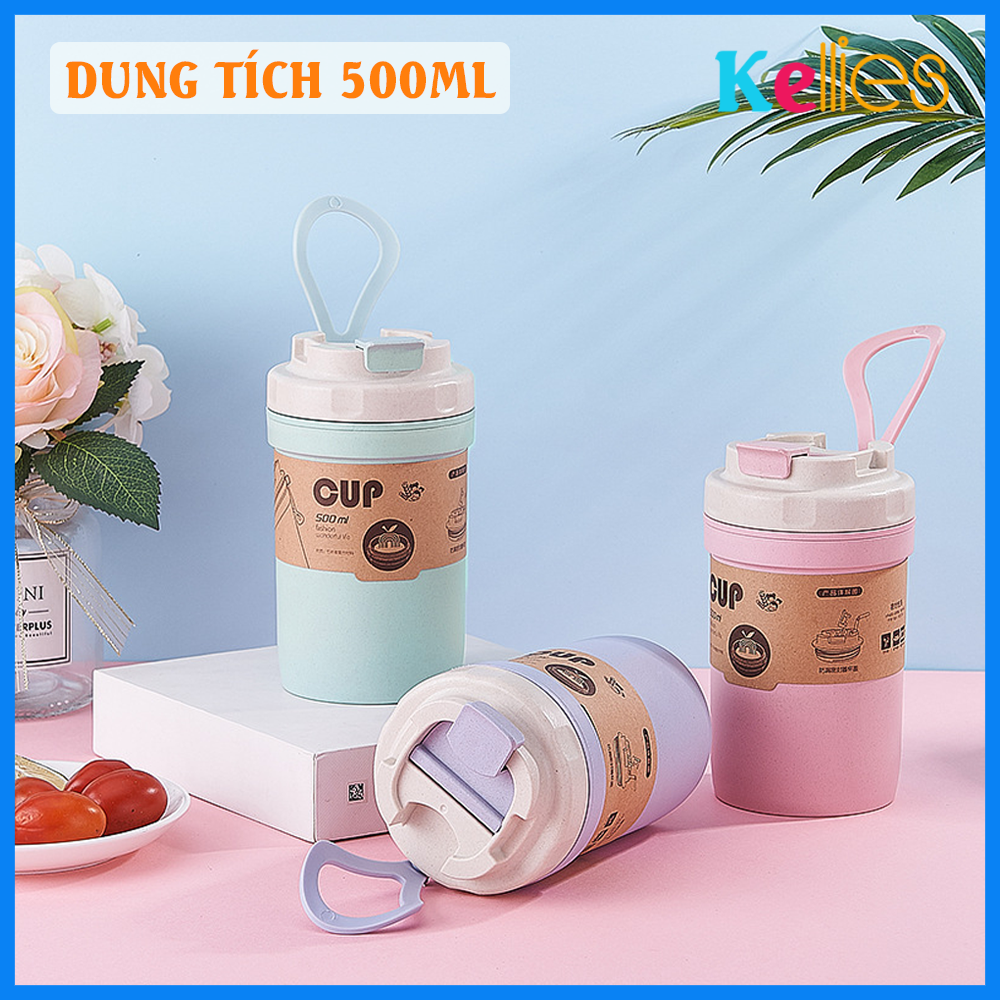 Ly lúa mạch 2 lớp dung tích 500ml có muỗng kiểu dáng cute dùng đựng coffee tea trà sữa - Cốc lúa mạch có quai xách cực tiện lợi, ly nuoc, coc nuoc