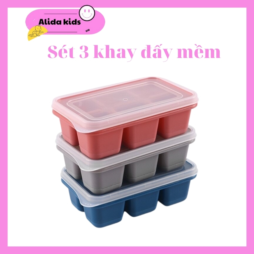 [FREESHIP] Sét 3 khay trữ đông Thức ăn cho bé có thể làm đá có nắp đậy đế mềm  tiện lợi