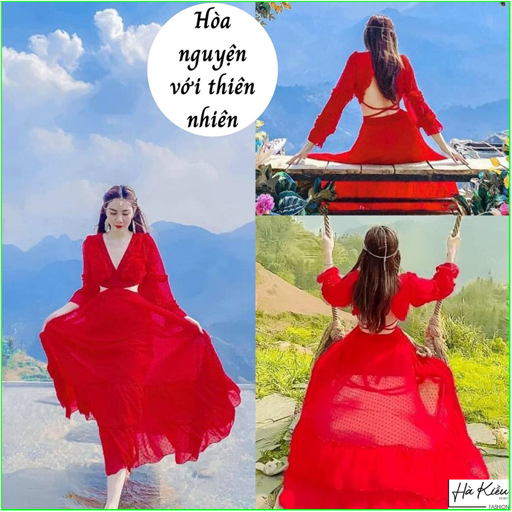Đầm maxi đi biển đỏ khoét eo hở lưng lưng thun phía sau chụp hình sống ảo phong cách  Hà Kiều MSP412 chất Voon xinh đẹp thoải mái