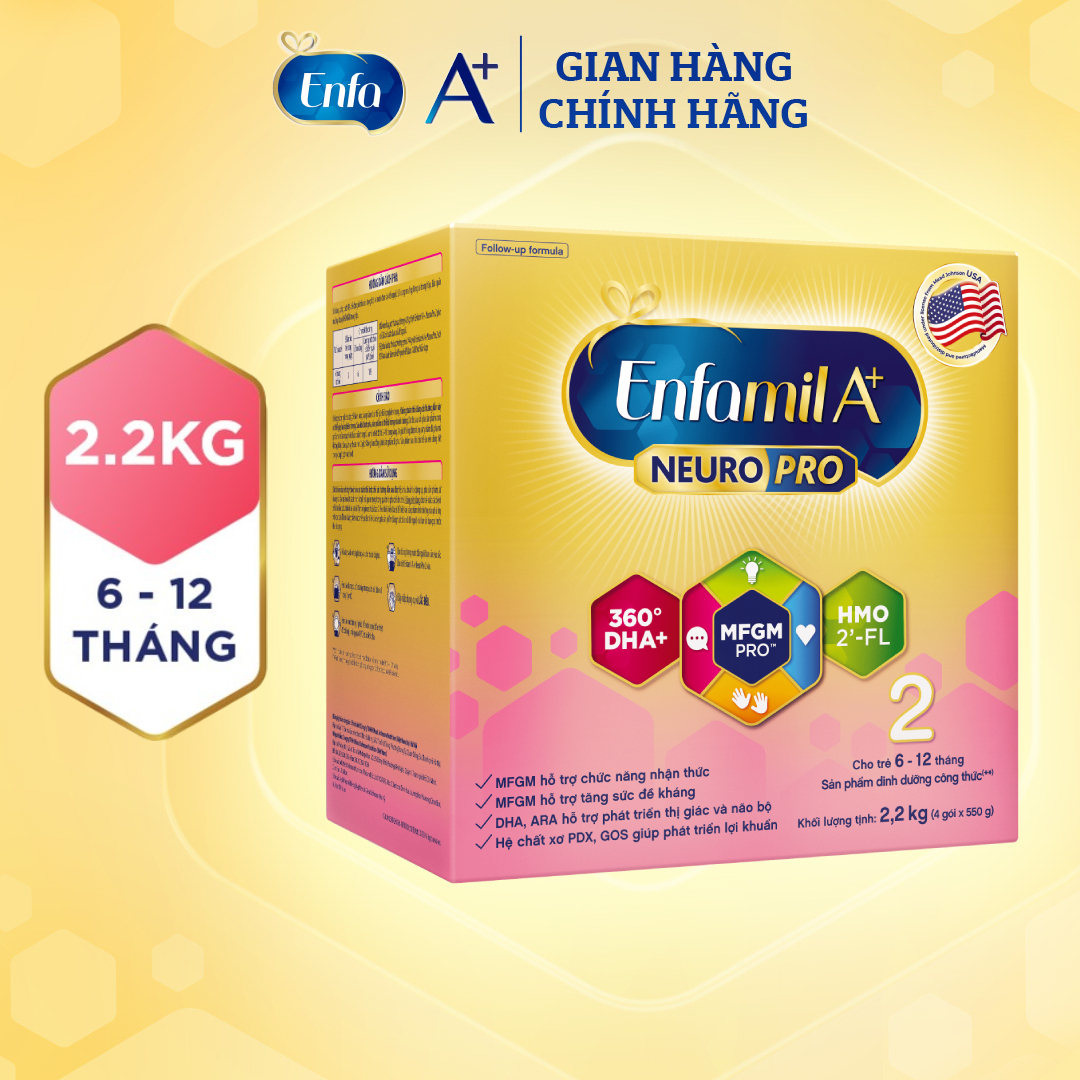 Sữa bột Enfamil A+ Neuropro 2 Vị thanh mát 2'FL HMO với dưỡng chất DHA & MFGM cho trẻ từ 6-12 tháng tuổi-2.2kg