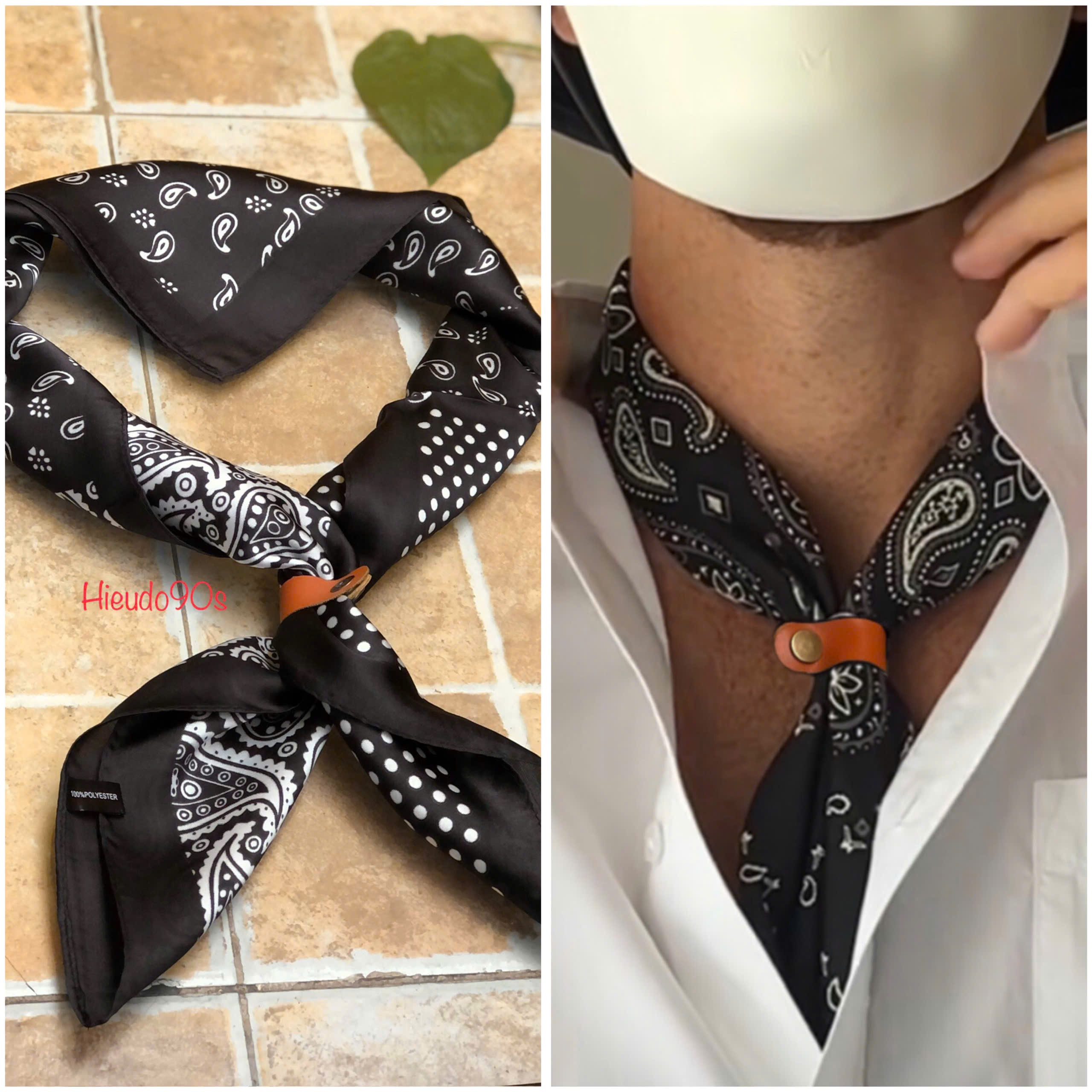 Khăn bandana lụa & cotton / khăn vuông 70cm & 55cm kèm nút da làm phụ kiện ascot tie silk đeo quấn cổ họa tiết paisley