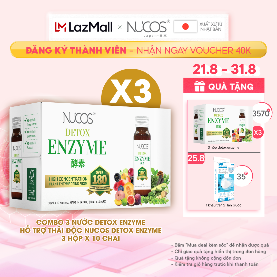 Combo 3 hộp Nước detox enzyme hỗ trợ thải độc Nucos Detox Enzyme hộp 10 chai x 30ml