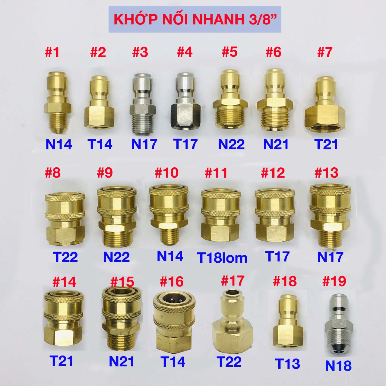 Tổng hợp các khớp nối nhanh 3/8" ren 13mm 14mm 17mm 18mm 21mm 22mm 22mm