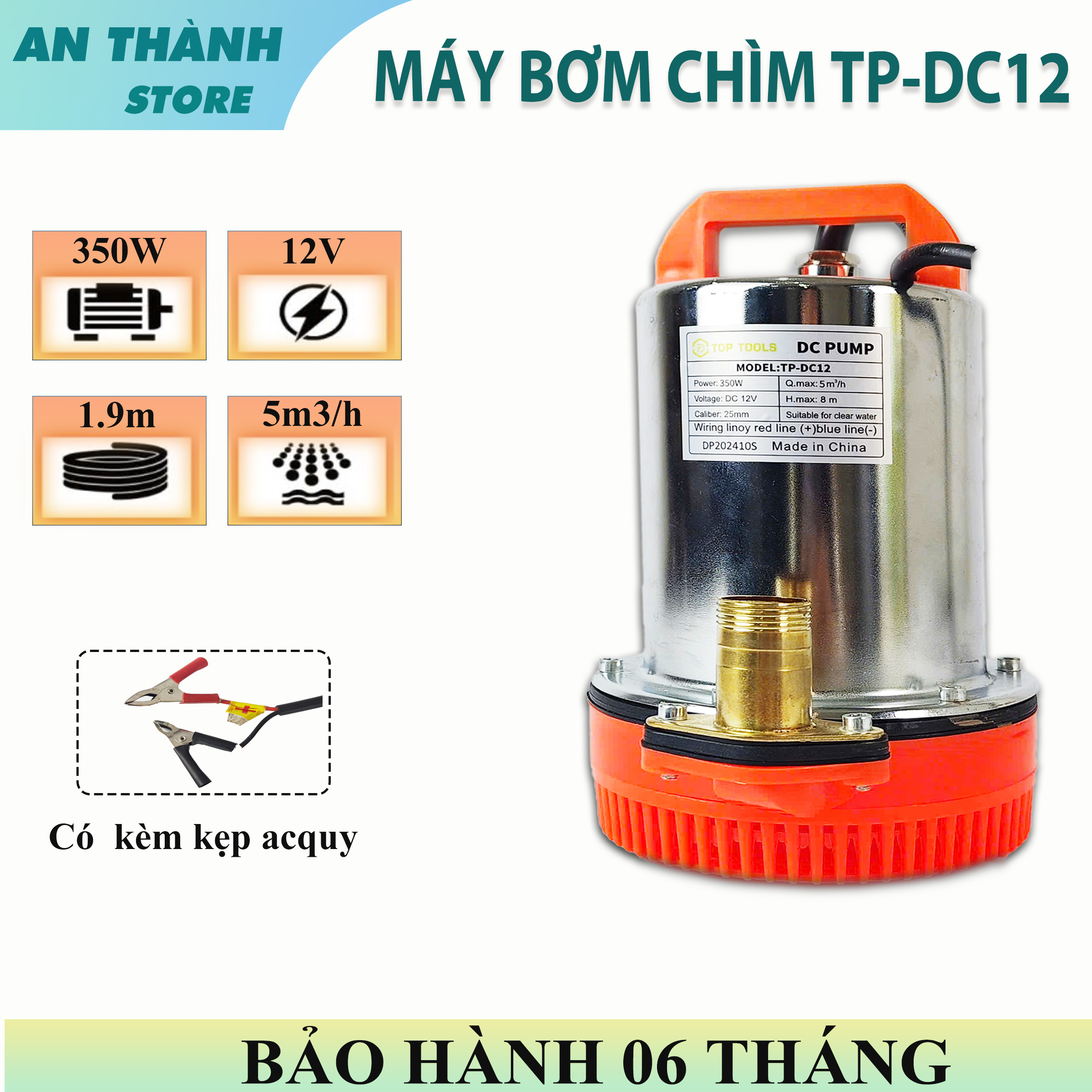 Máy bơm chìm DC - 12V, Công suất 350W, bơm tõm, thả chìm, bảo hành 6 tháng