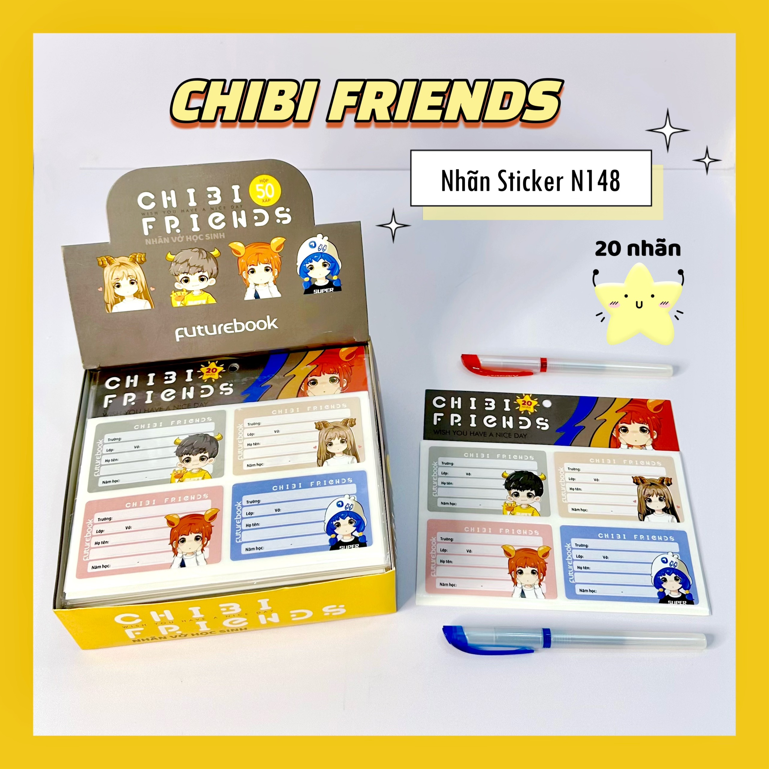 Nhãn vở học sinh chibi friends. msp n148 .vpp futurebook. giao mẫu ngẫu nhiên.