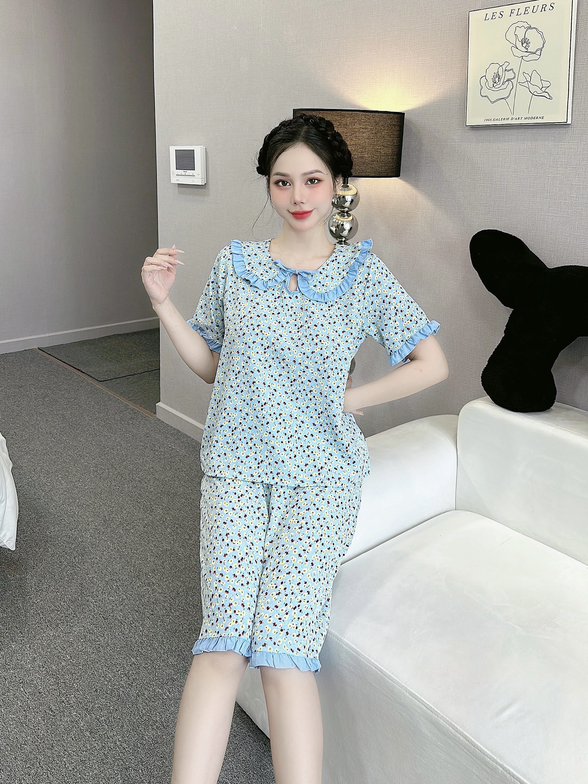 Đồ bộ lụa lửng màu tiểu thư, hoa lá tiểu thư mặc nhà dễ thương thời trang