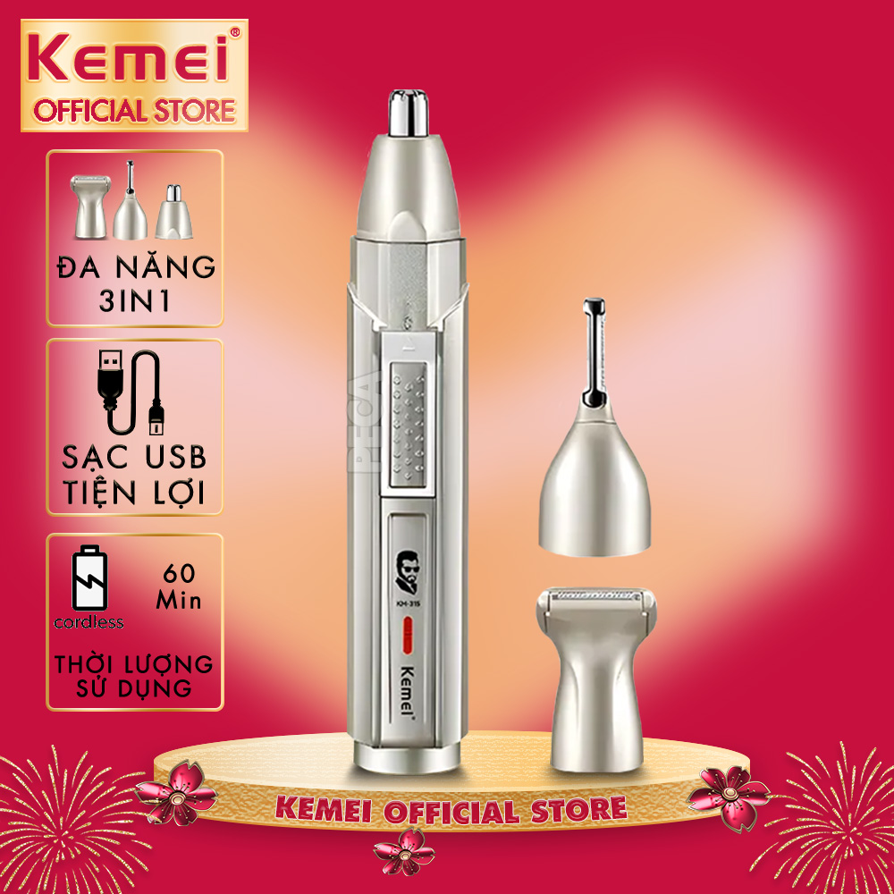  Máy tỉa lông mũi đa năng 3in1 Kemei KM-315 gồm 3 đầu cắt thay thế có thể dùng tỉa lông mũi tỉa râu cạo lông... Hàng chính hãng 