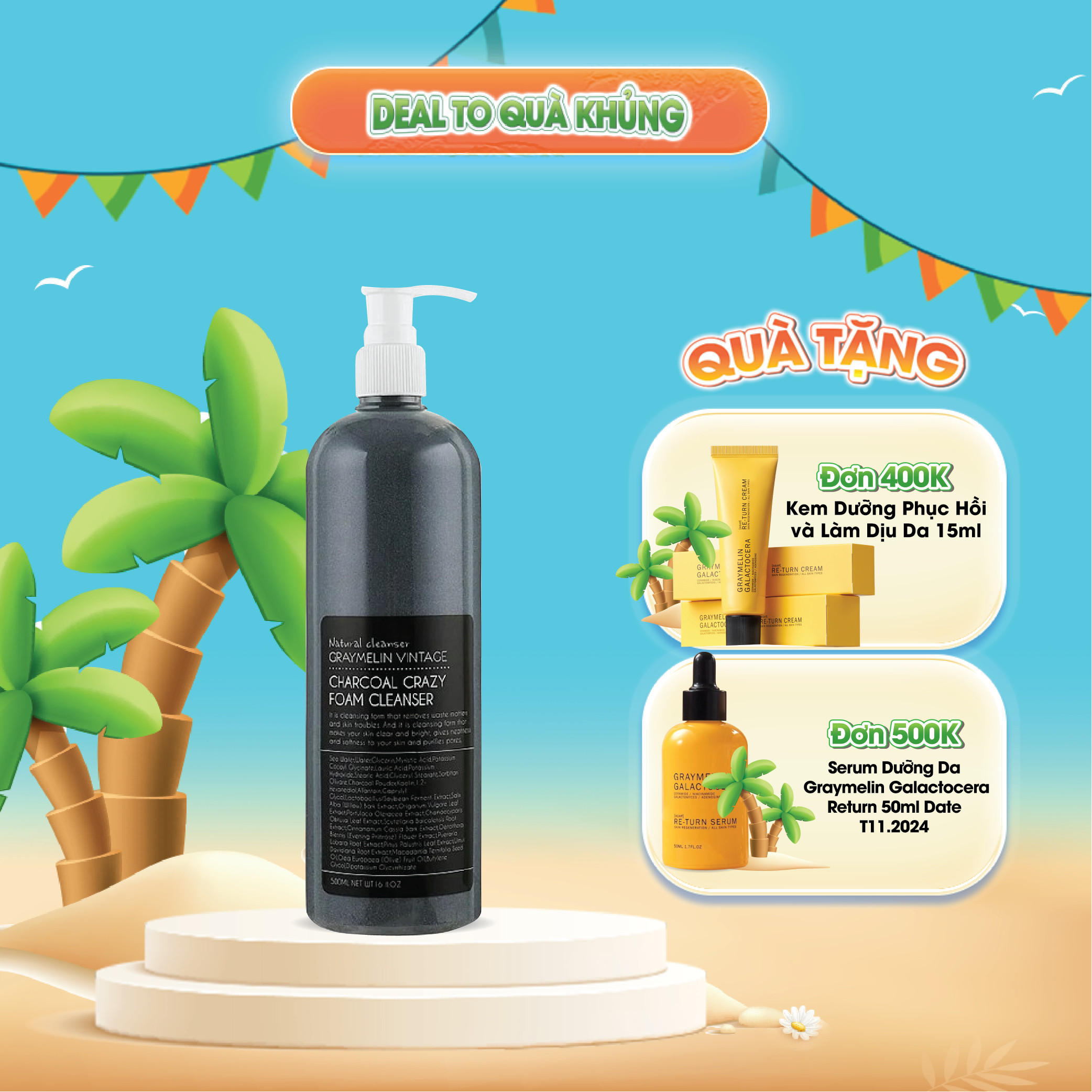 Sữa rửa mặt tạo bọt graymelin charcoal crazy foam cleanser 500ml date t12/2024