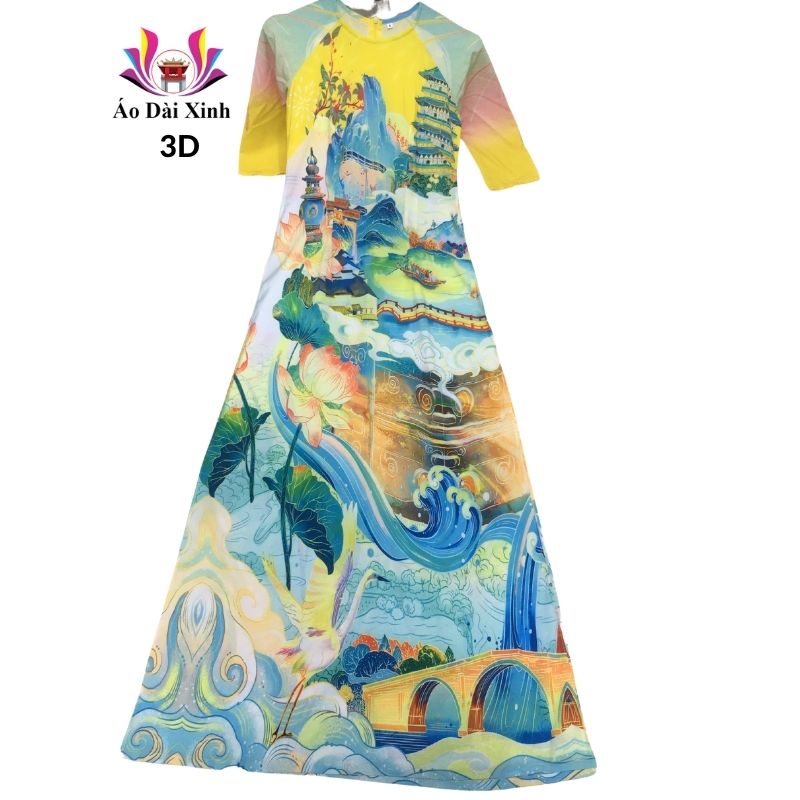 Áo dài truyền thống in 3D lụa Nhật cổ tròn tay lỡ màu vàng họa tiết bức tranh.