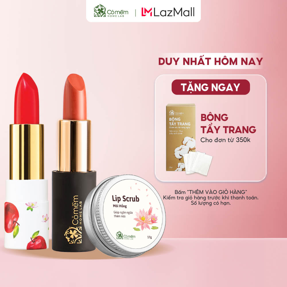 Bộ Chăm Sóc Môi Mềm - Combo Son Môi Hồng Gồm Son Dưỡng Mềm Môi + Son Lụa Không Chì+ Tẩy Da Chết Môi) Cỏ Mềm