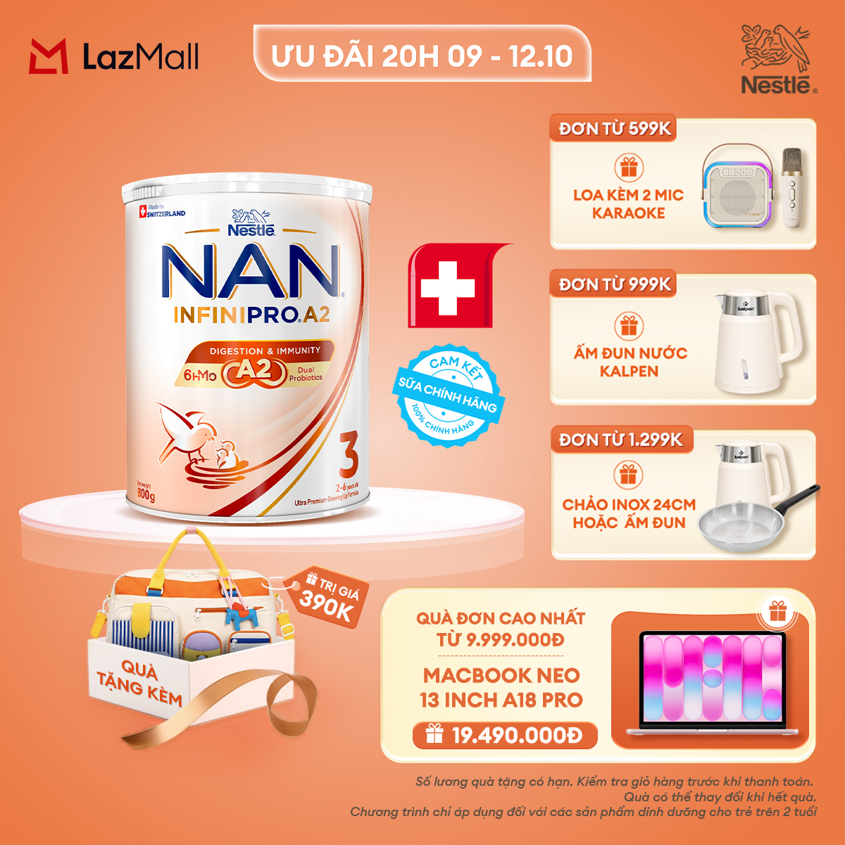 [CHỈ 20h 9-12.10 QT ĐƠN 599K/999K/1299K] [Tặng Túi Du Lịch Charm Ngựa] Sữa bột Nestlé NAN INFINIPRO A2 3 800g nhập khẩu Thụy Sĩ  với công thức đầu tiên chứa đạm A2 6HMO  Lợi khuẩn kép