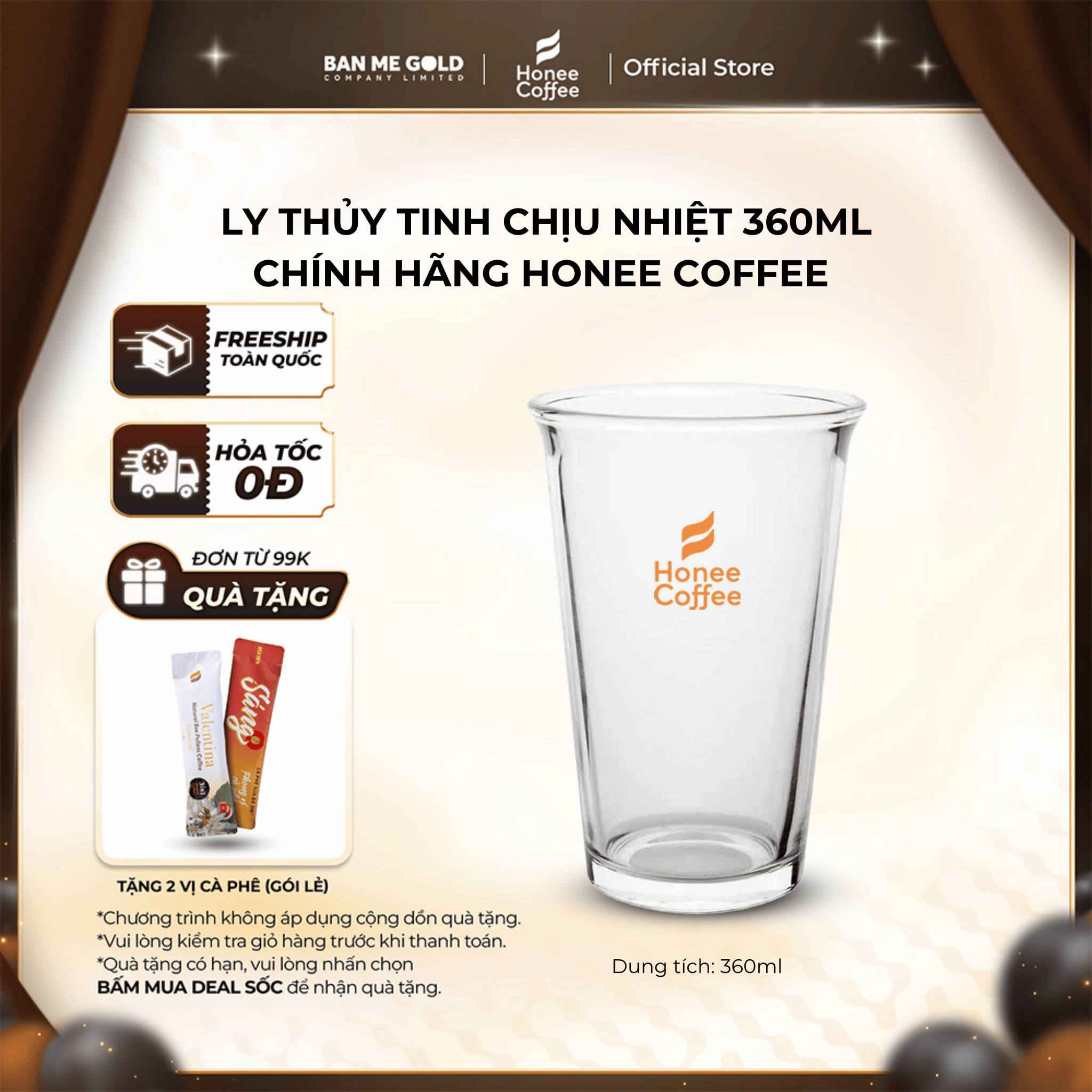  Ly Thuỷ Tinh Cao Cấp Chịu Nhiệt  360ml  Cốc Thuỷ Tinh Siêu Dày Chính Hãng Honee Coffee - Ban Me Gold 