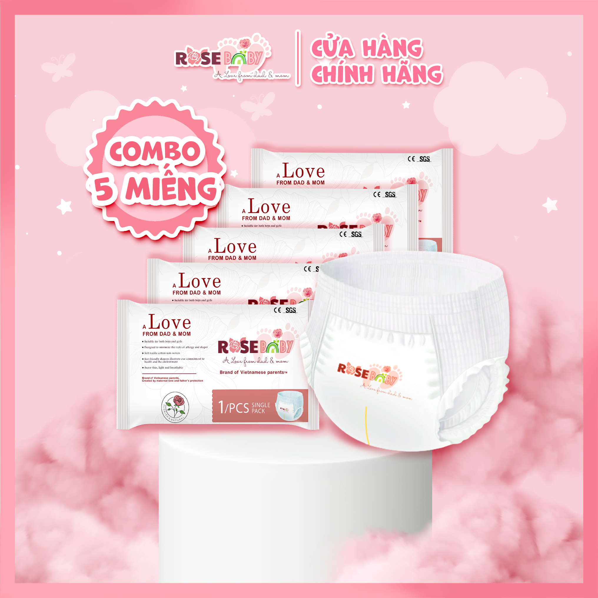Combo 5 miếng tã quần rose baby dùng thử đủ size m/l/xl/xxl/xxxl
