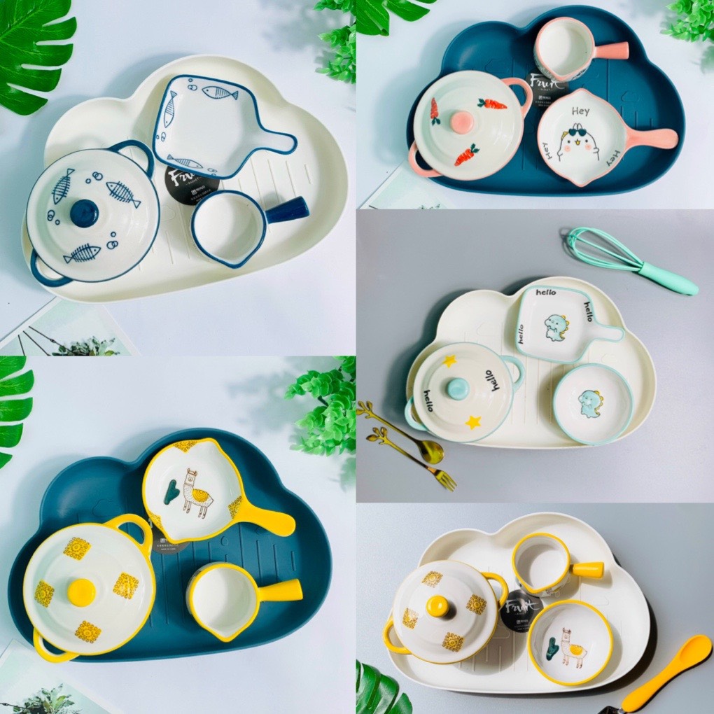 Combo ăn dặm, set bát sứ ăn dặm cho bé hoạ tiết ngộ nghĩnh kèm khay mây pupukids