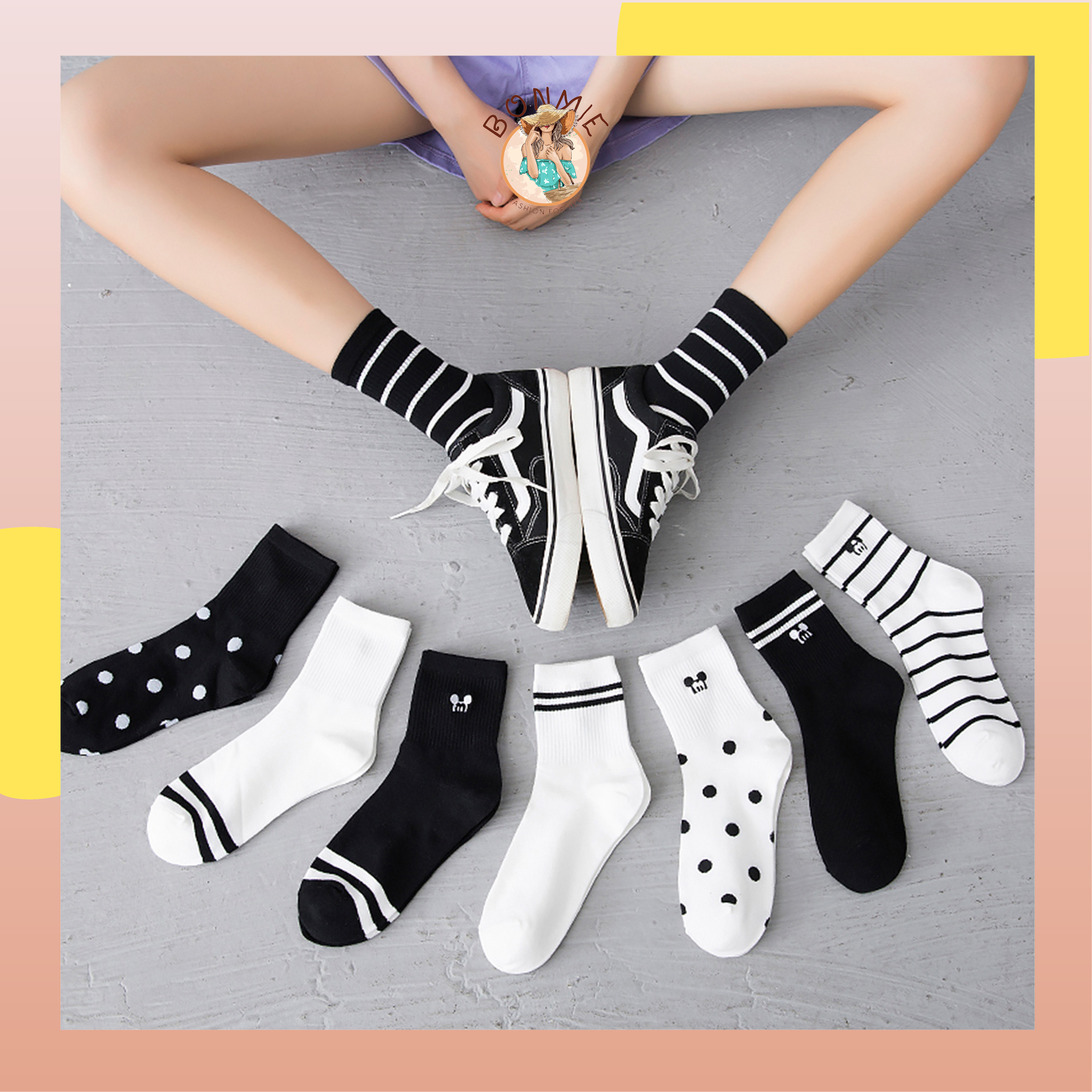Tất vớ nam nữ cao cổ in hình chuột mickey dễ thương; t18 - bonmie