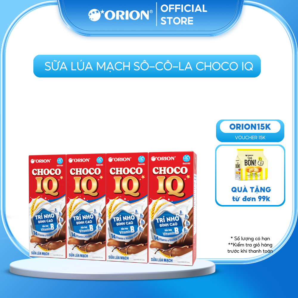 Lốc 4 hộp sữa orion lúa mạch sô-cô-la choco iq 180ml