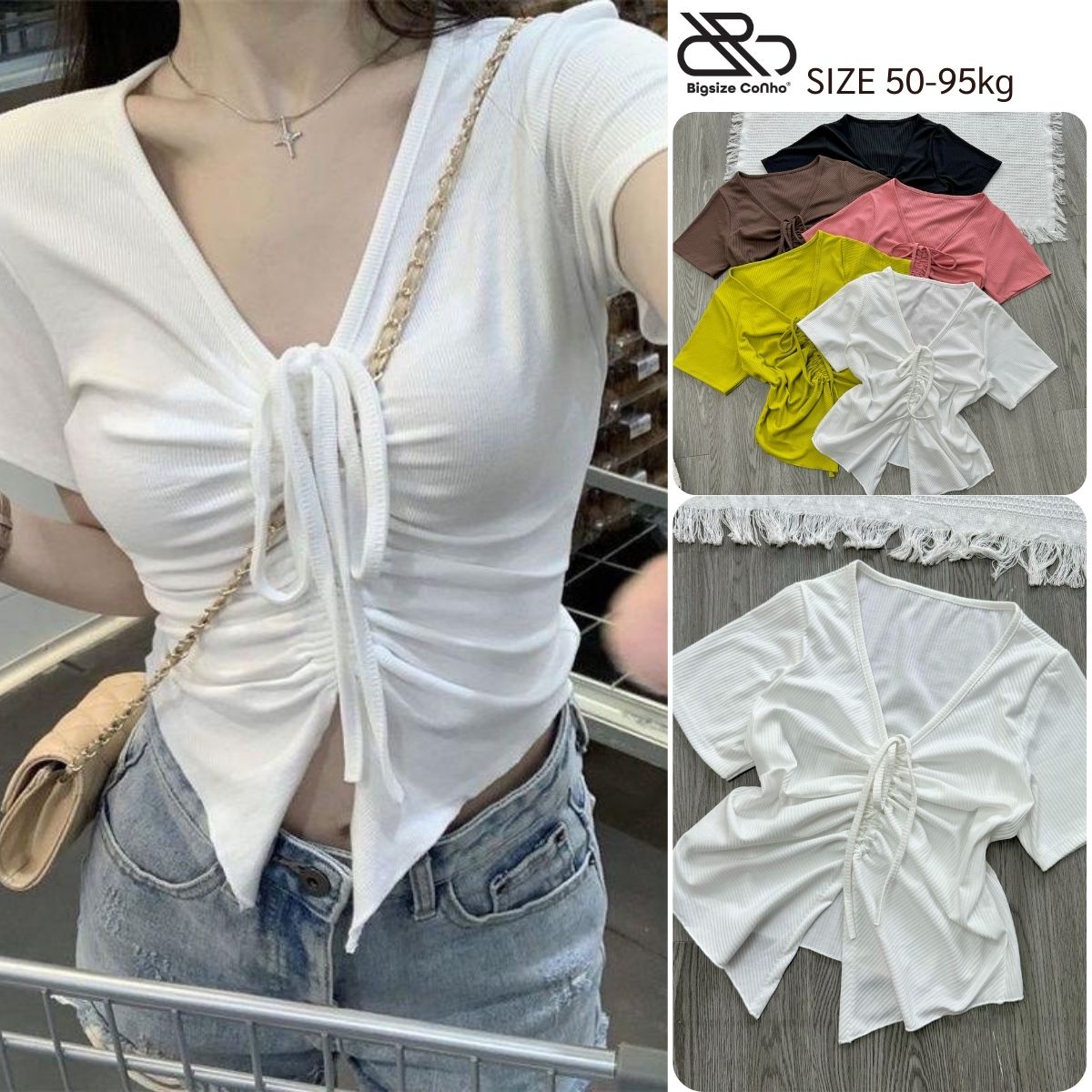 Áo thun kiểu bigsize nữ tà nhọn cổ rút dây giữa tôn trọn vòng một dành cho các tiểu thư chuppy xinh xắn 58-95kg - G42