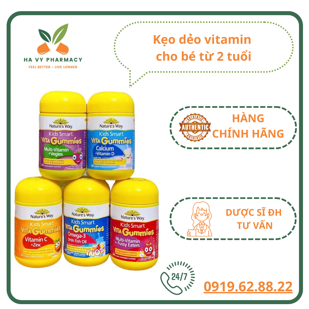 Kẹo gôm Kids smart vita gummies bổ sung multivitamin/canxi và vtm D/vtm C và zinC 60 viên Nature's way Úc