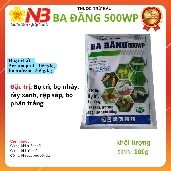 (Giao ngẫu nhiên 2 mẫu) Thuốc trừ sâu Ba Đăng 500WP (Acetamiprid 150g/kg+ Buprofezin 350g/kg) trừ bọ trĩ, rệp sáp 100g- VTNN Năm Bưu