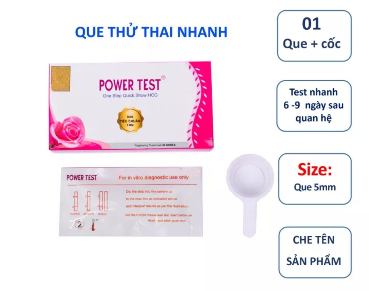 Que thử thai POWER TEST ( Bản chuẩn 3mm hộp 1 que + 1 cốc tay cầm thông minh)