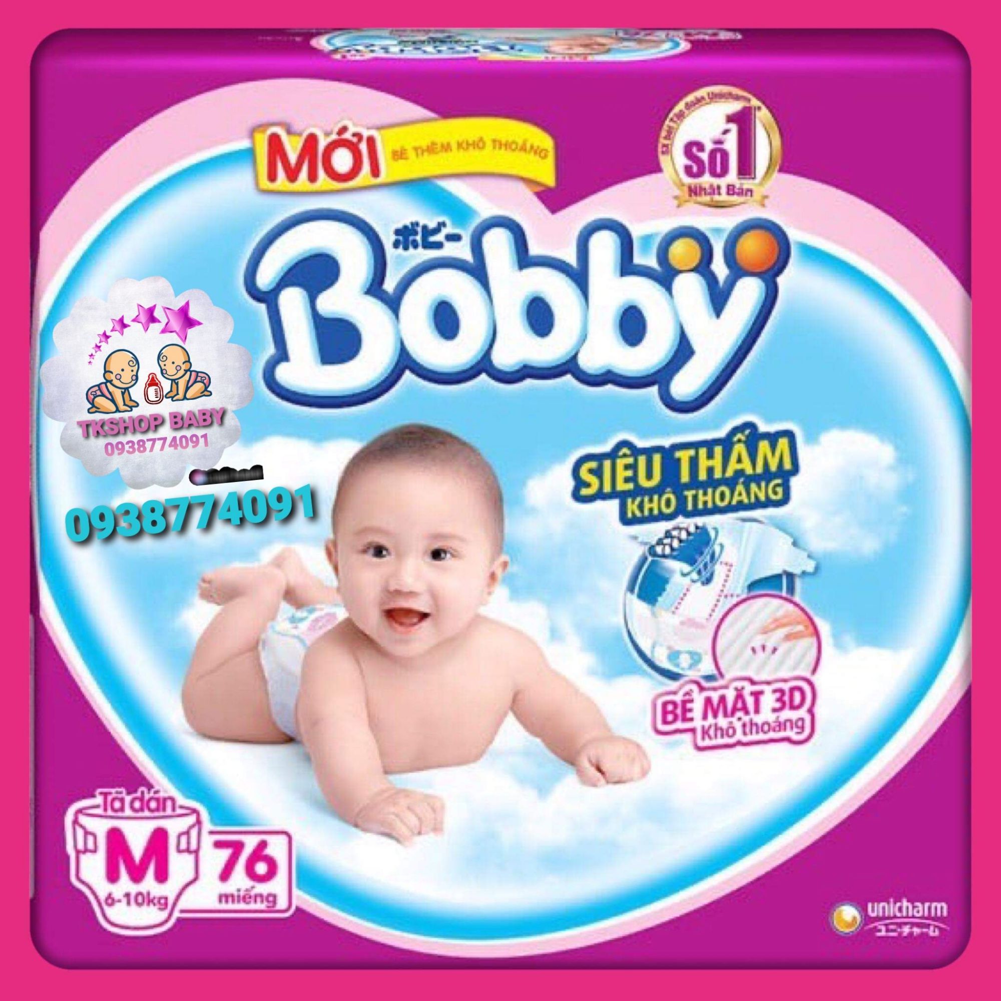 **tã dán bobby size m 76 miếng cho bé 6-10kg