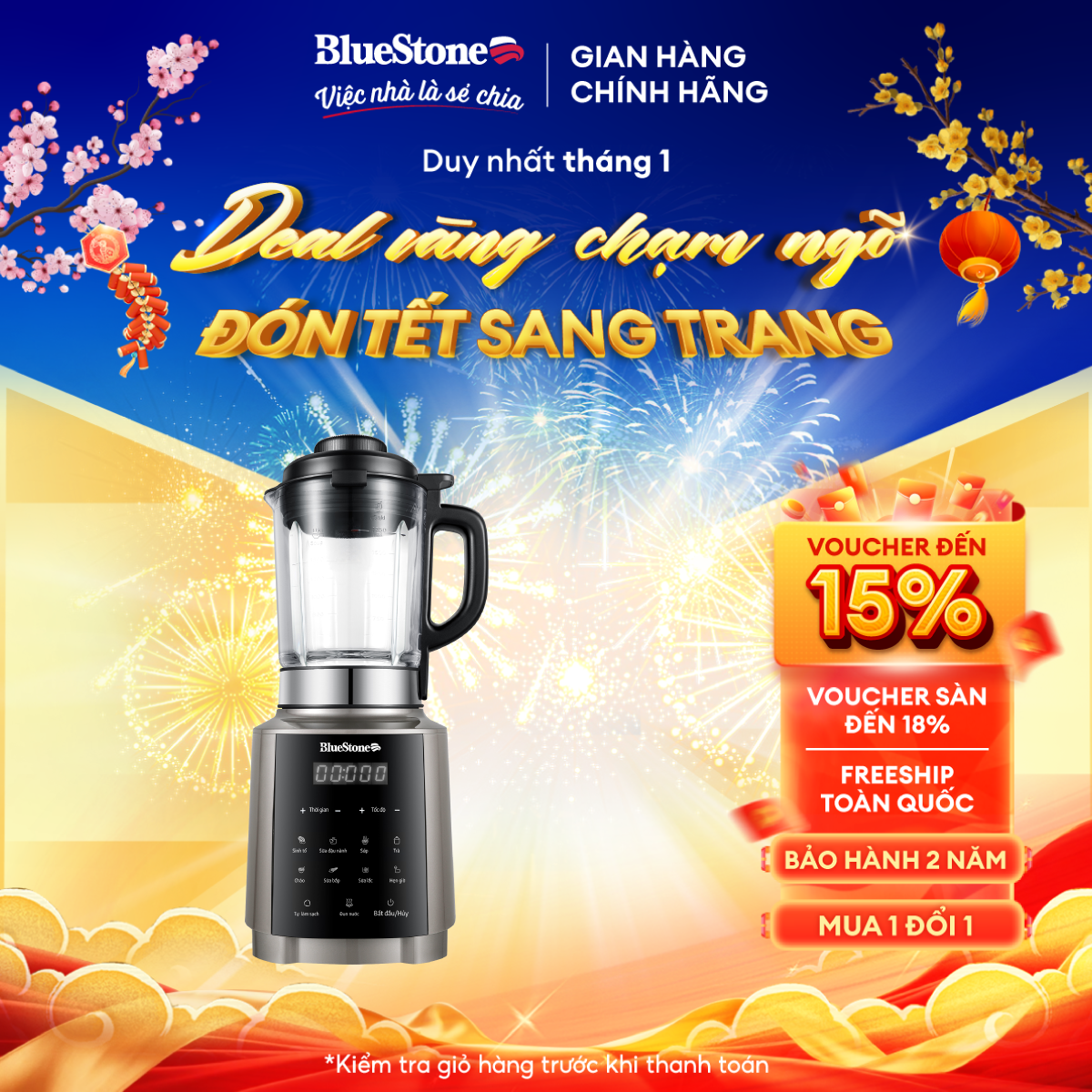 [Trả Góp 0%] Máy Xay Nấu Và Làm Sữa Hạt Đa Năng BlueStone BLB-6038 - 1000W - Dung tích 1,75 lít - Cối thủy tinh - 7 chương trình nấu cài đặt sẵn - Bảo hành 2 năm - Hàng chính hãng
