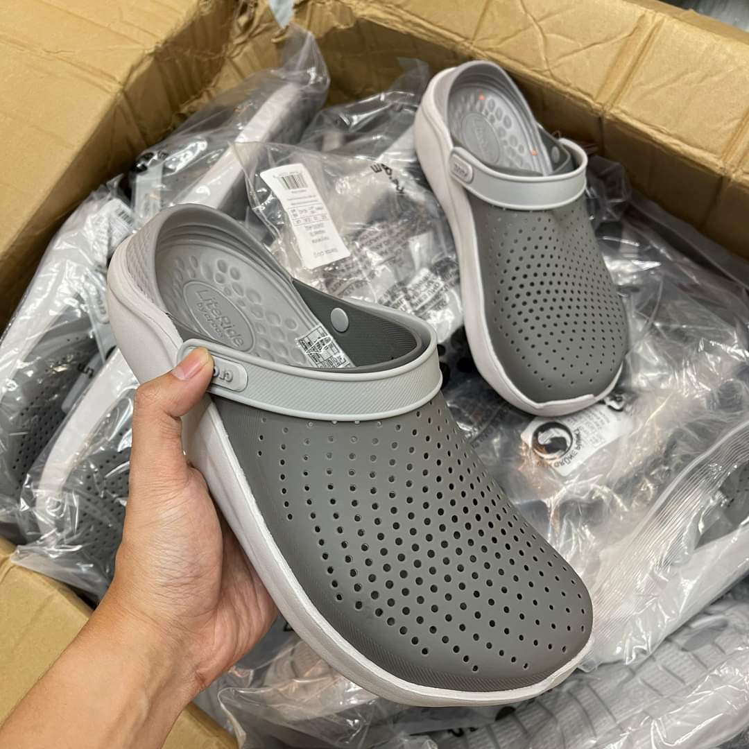 Dép sục nhựa cross literide nam nữ, kháng khuẩn, êm, mềm, thoáng, full box, màu ghi xám