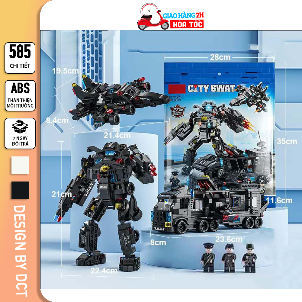 Bộ đồ chơi lắp ráp lego cảnh sát, lego robot 585 chi tiết, xếp hình lego swat lắp ráp mô hình máy bay, xe chỉ huy