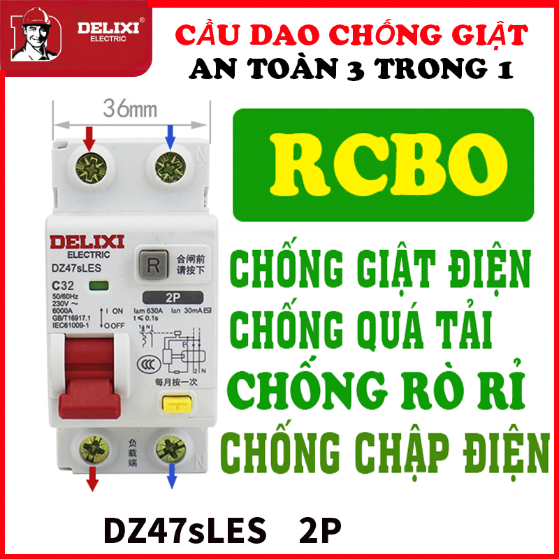 Aptomat RCBO 2P Chống giật Chống quá tải Chống rò rỉ Chống chập điện tất cả trong 1 của DELIXI ELECTRIC