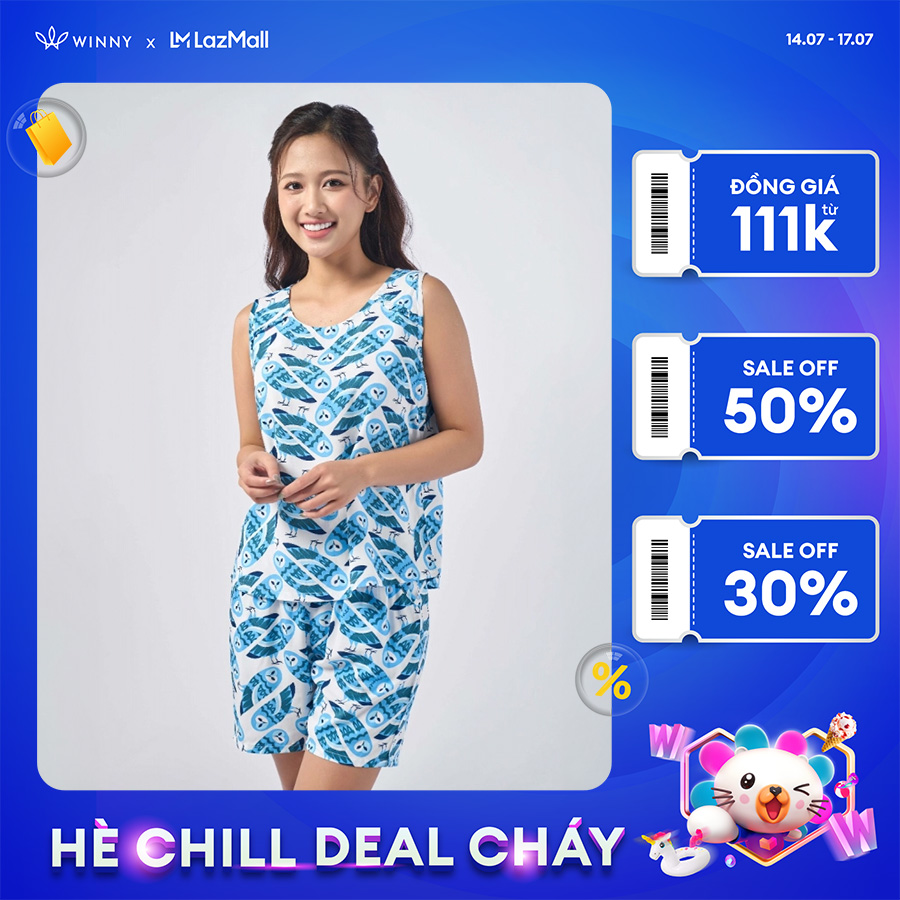 Winny - bộ đồ lanh sát nách quần sooc mặc nhà họa tiết cú mèo 2mnla23001b