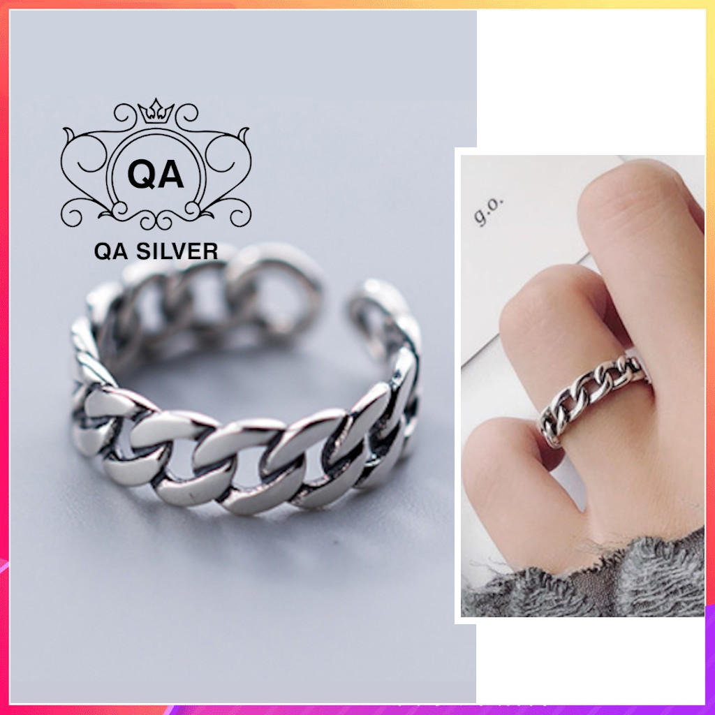Nhẫn bạc thái 925 mắt xích hở điều chỉnh nam nữ phong cách S925 RETRO QA SILVER Ring RI200404