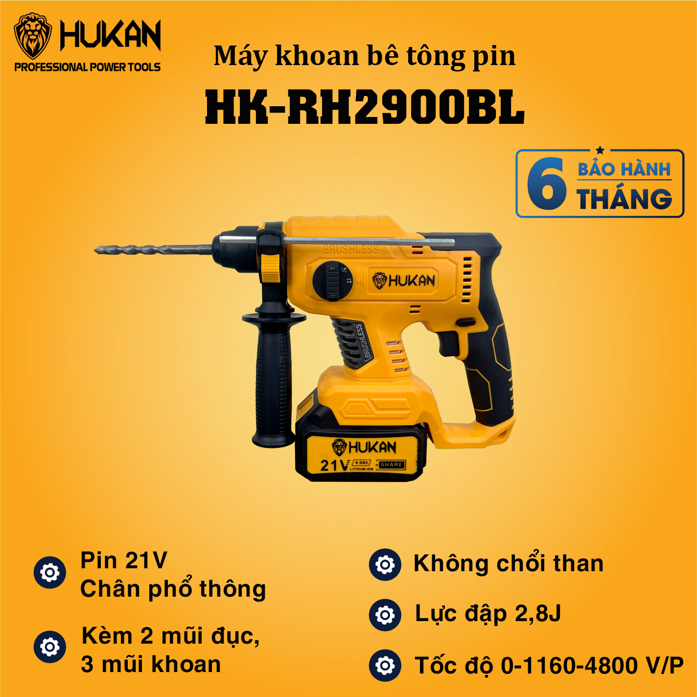 Máy Khoan Pin Bê Tông HUKAN HK-RH2900BL 21V Ba Chức Năng Công Suất Lớn, máy khoan đục bê tông dùng P