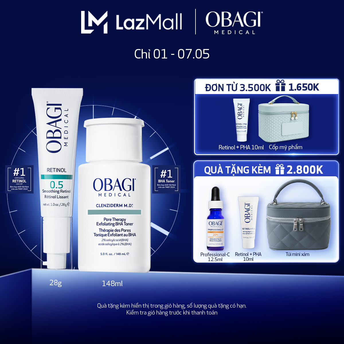 [Phiên bản mới] Bộ đôi dưỡng da Toner BHA làm sạch mụn và tẩy tế bào chết Obagi Medical Clenziderm M.D 148ml và Kem Chống Lão Hóa  Tái Tạo Da Obagi 360 Retinol 0.5 28g